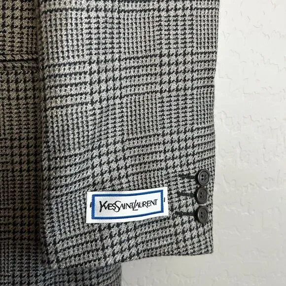 Vintage Yves Saint Laurent YSL Mens 40R Blazer Black Gray Sport Coat 2 Button - Picture 4 of 11